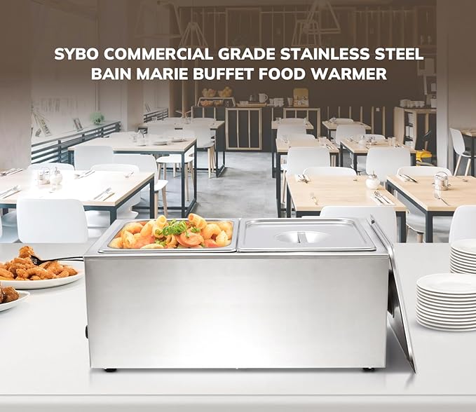 SYBO Commercial Grade Stainless Steel Bain Marie Buffet Food Warmer Steam Table for Catering and Restaurants (2 Sections with Tap)