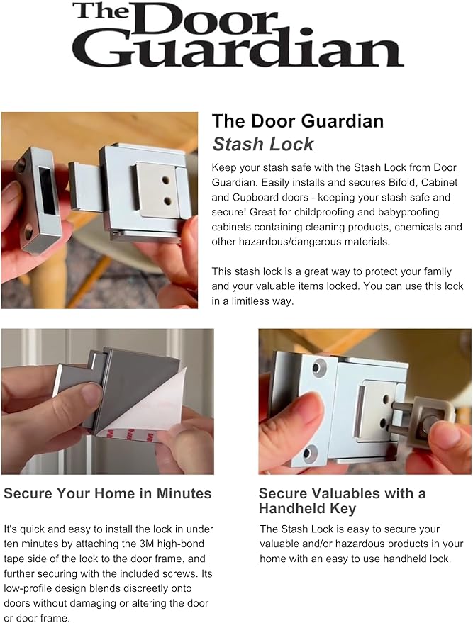 The Door Guardian - Stash Lock - Secure Bifold, Cabinet and Cupboard Lock Childproofing and Babyproofing (White)