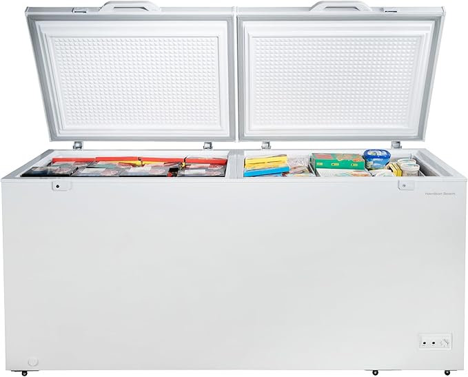 Hamilton Beach 25 Cu. Ft. Garage Ready Chest Freezer, White Deep Freezer, Adjustable Thermostat, Easy Defrost Drain, Double Door Lid, for Storage, Hunting, Large Family - 29"D x 79"W x 38"H