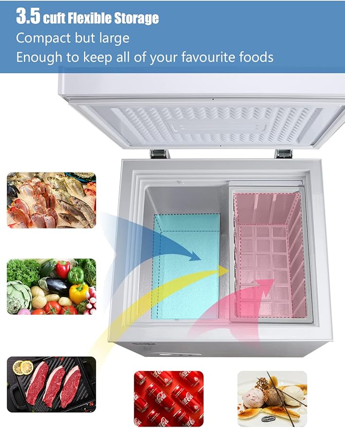 3.5 Cu.Ft Deep Compact Freezer with a Removable Basket, Chest Freezer 7 Gears Temperature Control(-18°F to -46°F), for House, Garage, Kitchen, Basement, Shop, White