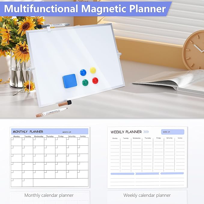 3 in 1 Blue Magnetic Dry Erase Weekly Planner&Monthly Calendar& 16"x12" Double Sided Magnetic Desktop Whiteboard with Stand,8 Markers, 4 Magnets, 1 Eraser for Office,School,Home