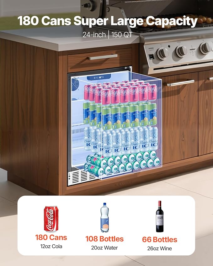 VEVOR 24-Inch Outdoor Beverage Refrigerator, 150 QT Built-in Drink Fridge, 0.56 kWh/Day Energy-Efficient Cooler with 304 Stainless Steel Door, Holds 180 Cans for Outdoor Kitchen, Home Bar, Patio