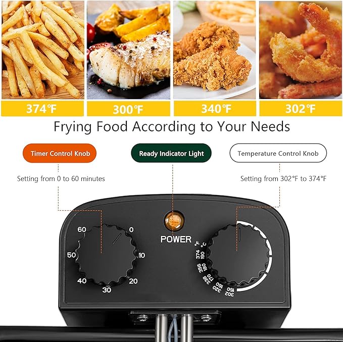 5.3QT Electric Deep Fryer with 3 Baskets, SIMOE 5L Stainless Steel Deep Fryer w/60 Timer & Lid with View Window, Home Countertop Oil Fryer w/Temperature Control for Kitchen, Party, French Fries