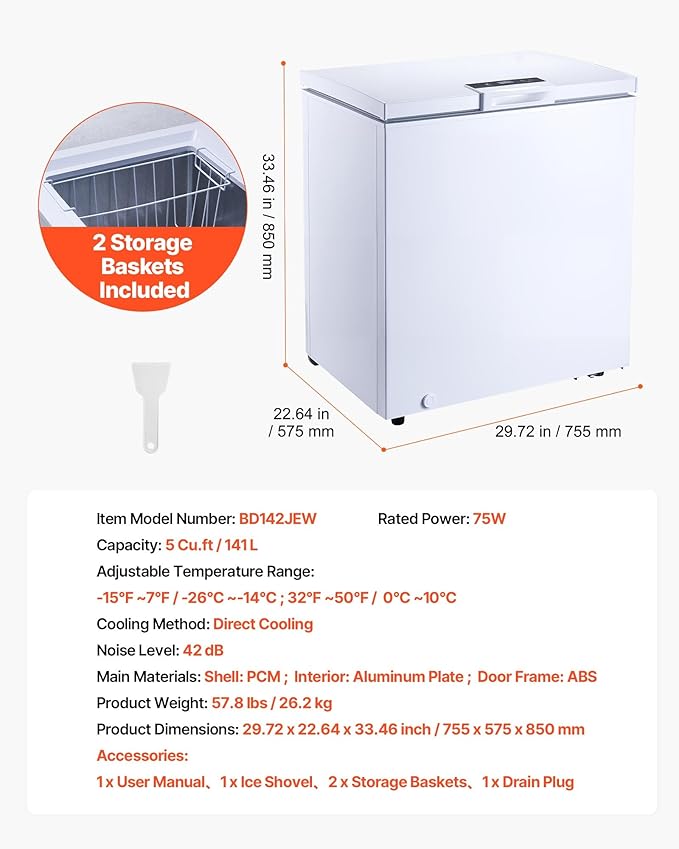 VEVOR Chest Freezer, 5 Cu.ft Compact Deep Freezer, Free Standing Top Open Door Chest Freezers with 2 Removable Baskets & Adjustable Thermostat - Energy Saving, Low Noise & Garage Ready, White