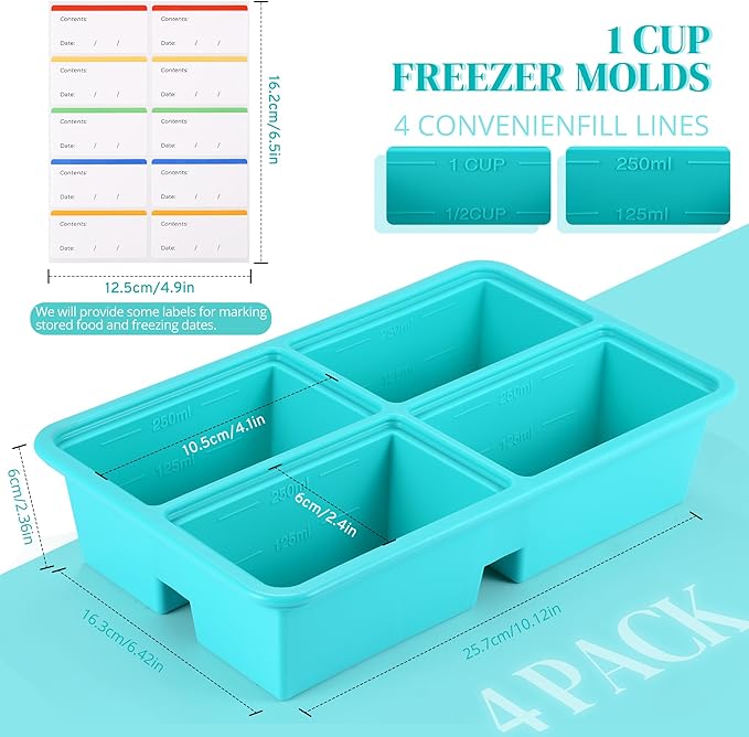 4 Pack Silicone Freezer Trays With Lid - 1 Cup Molds for Soup, Broth, Leftovers - Microwave-Safe Container - Aqua
