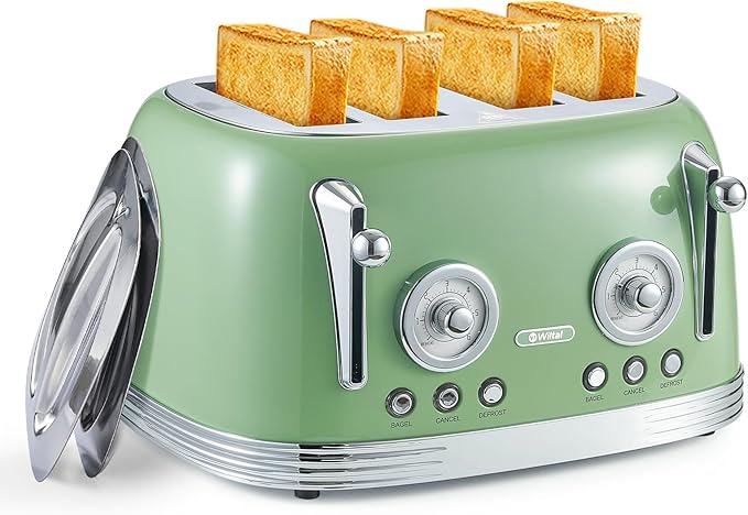 4 Slice Toaster, Retro Green Toaster, Bagel, With Stainless Steel Lid. Reheat, Defrost and Cancel Functions, Countdown Function, 6 Browning Levels, Stainless Steel Material, TR03