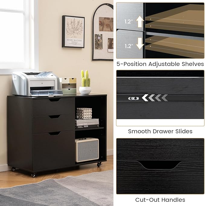 File Cabinet, Mobile Filing Cabinet w/Universal Wheels & 3 Drawers, Wood Printer Stand with Storage, Rolling File Cabinets for Home Office, Living Room, Bedroom (Black, 3 Drawers)