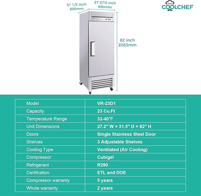 27" Commercial Refrigerator, 23 Cu. Ft Stainless Steel Upright Reach-in Fridge, 33℉~40℉, 3 Adjustable Shelves