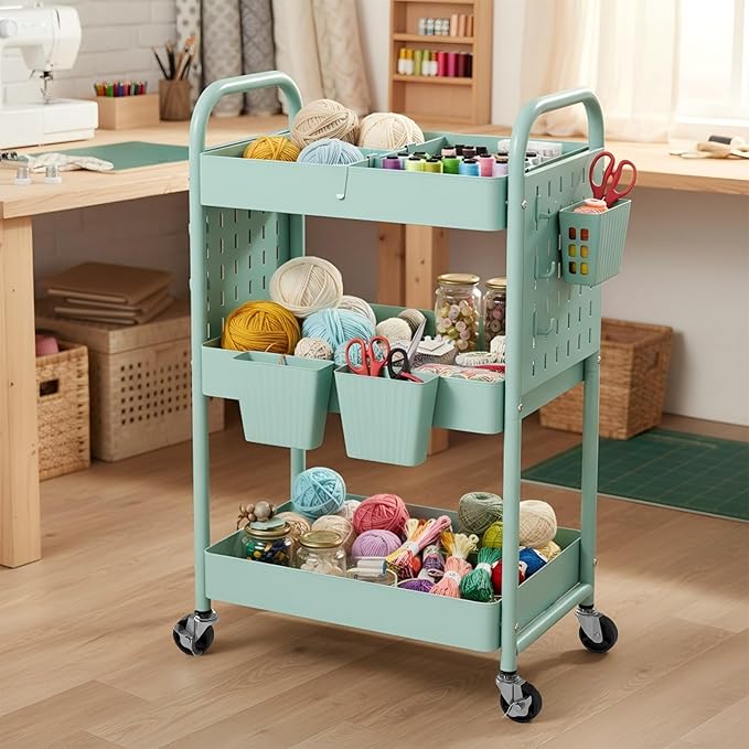 danpinera Rolling Cart, Movable Utility Organizer with Retractable Dividers & Pegboards for Kitchen, Bathroom, Office
