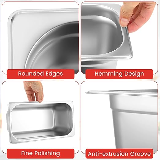 10 Pack Hotel Pans Stainless Steel Steam Table Pan 1/3 Size, 0.8 mm Thick Anti Jam Warming Pans for Food Warmer Restaurant Catering Supplies, 12.8 x 6.9 Inch(6 Inch Deep,European)