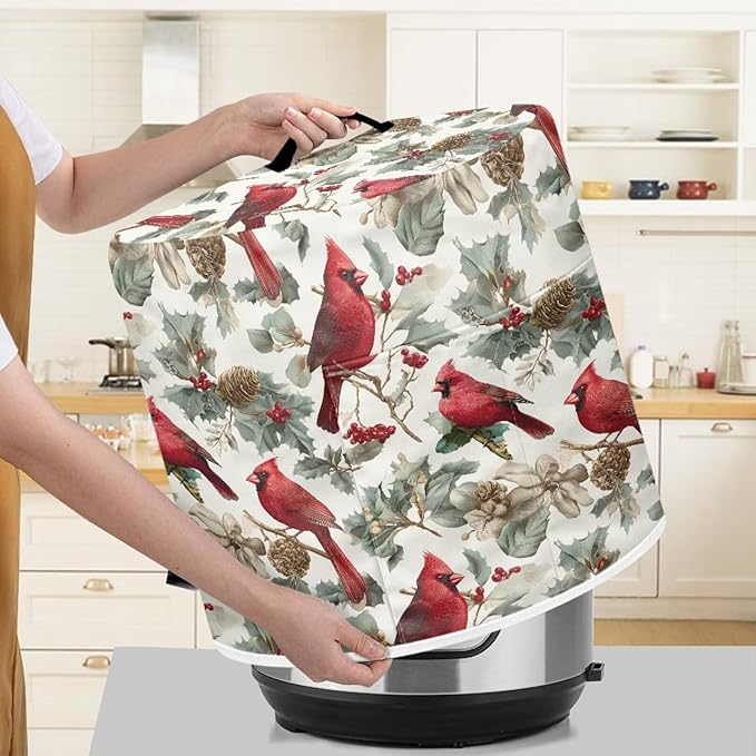 3 Quart Pressure Cooker Dust & Stains Protector Cover Round Bag with Top Handle and Storage Pocket Kitchen Appliance Decoration Christmas Cardinal Bird Print
