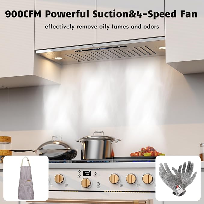 Range Hood Insert 36 inch,Built-in Kitchen Hood with 900 CFM, Ducted/Ductless Convertible Kitchen Vent Hood,Stainless Steel Stove Hood with 4 Speed Gesture Sensing&Touch Control Panel