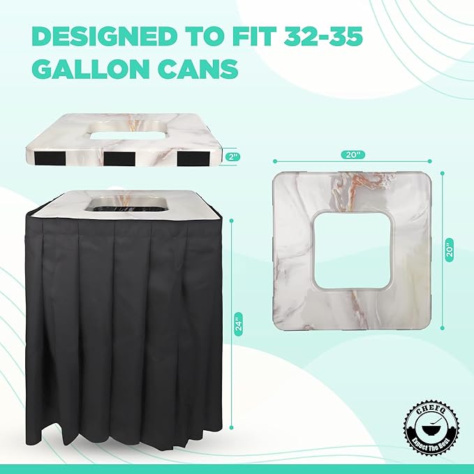 Marble Design Square Garbage Can Cover - Solid Pleated Skirt Topper for 32-35 Gallon Indoor Garbage Cans Trash Bins, Waste Container Without Wheels - Ideal for Birthday Party, Events, Residential Use (Marble Top Navy Skirt)