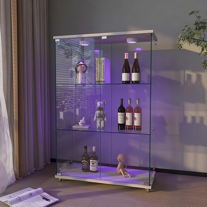 Yoluckea 3-Shelf Glass Display Cabinet with LED Lights, 2-Door Floor Standing Curio Cabinet with Universal Wheel for Home or Office, White Glass Bookshelf for Collections, Decor, and Corner Display