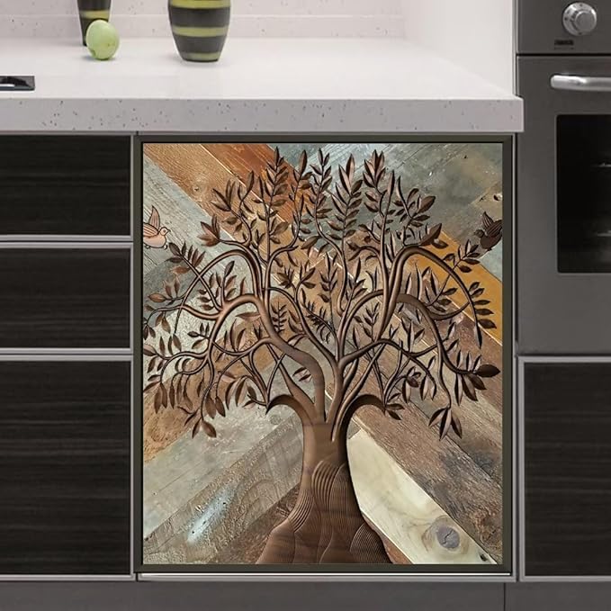 Stainless Steel Tree of Life Dishwasher Magnet Cover for Front, Wooden Door Magnetic Refrigerator Cover Skin Decor, Birds Dishwasher Panel Decal, Magnetic 23" x 26"