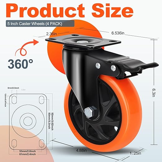 QNCZ Caster Wheels, 5 Inch Heavy Duty Casters Set of 4, Silent Industrial Casters Load 2600lbs, Swivel Casters for Furniture, Workbench and Cart Wheels