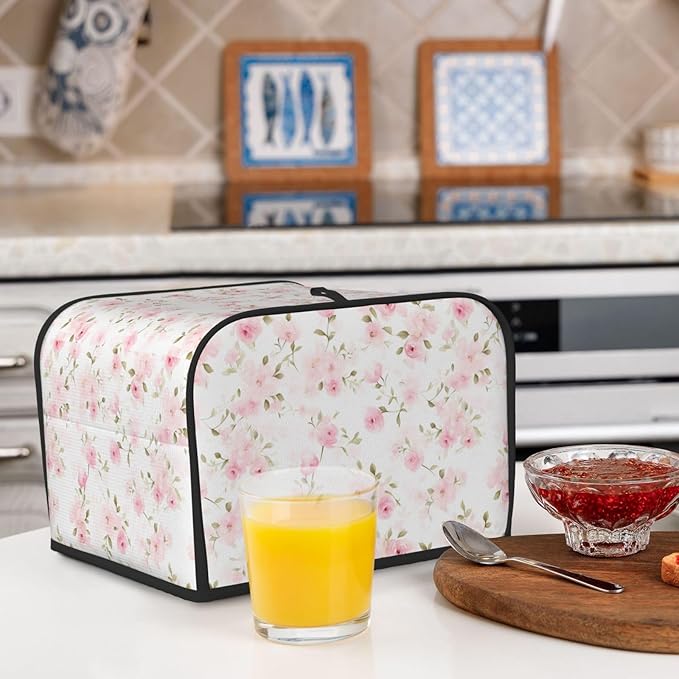 4 Slice Toaster Cover for Kitchen Rose Flower Pastel Waterproof and Dustproof Oxford Fabric Toaster Dust Cover with Side Pockets Decorative Universal Cover for Wide Slot Toasters and Small Appliances