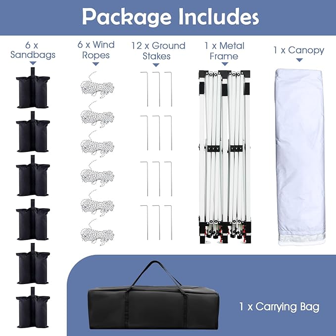 Tangkula 10x20 Ft Pop Up Canopy, Instant Setup Tent with 6 Sandbags, 12 Stakes & 6 Ropes, UPF 50+ Portable Outdoor Canopy Tent with Carrying Bag for Camp, Beach, Patio (White)
