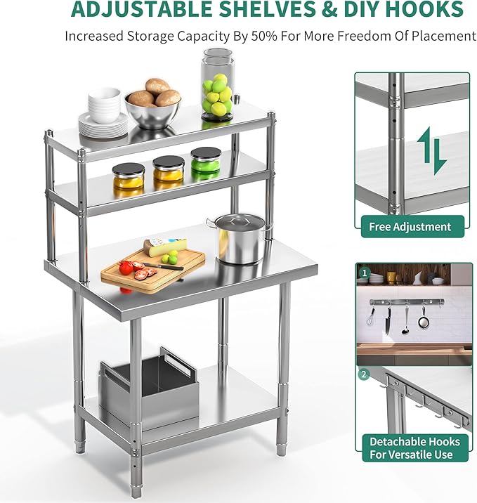 YITAHOME NSF Stainless Steel Table with Overshelf, 36" X 24" Work Table and 36" X 12" Shelf, Metal Prep Table for Home, Kitchen, Restaurant, Garage, Warehouse