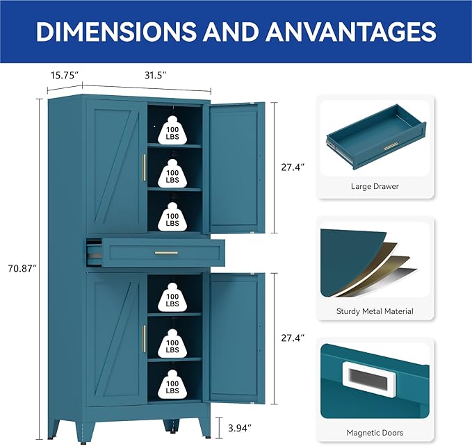 COFaR 71'' Tall Metal Pantry Cabinet with Drawer, Kitchen Storage Cabinet with 4 Doors and Shelves, Freestanding Farmhouse Food Cupboard for Kitchen Dinning Room Garage, Peacock Blue 6-Tier