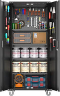 GarveeHome Garage Storage Cabinet 72 in Locking w/Wheels & Pegboard | Heavy-Duty Steel w/ 4 Adjustable Shelves | Workshop Home Office Organizer, Black
