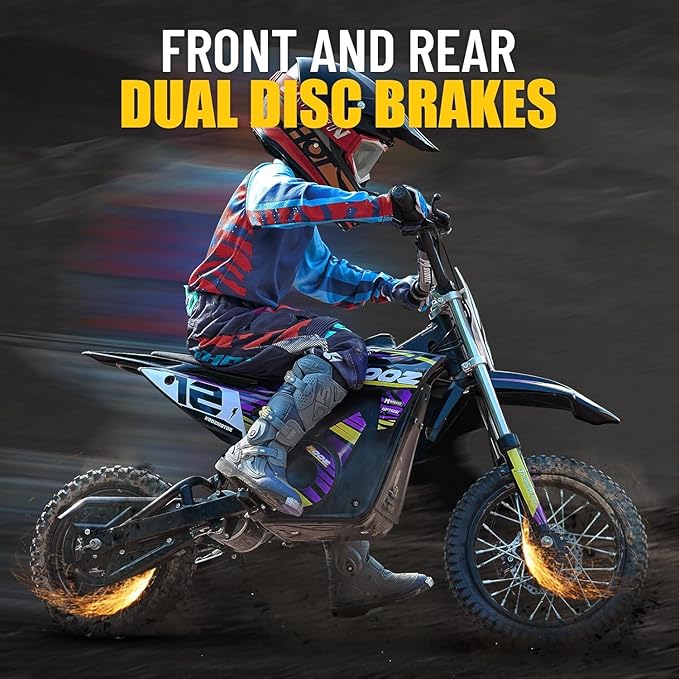 KOOZ HP112E 36V 1000W Electric Dirt Bike for Kids, 3 Speed Modes Teen Electric Motorcycle Up to 18 MPH & 15 Miles Long-Range, Dual Suspension & Disc Brake, 16" Sturdy Tire for Kids Teenagers