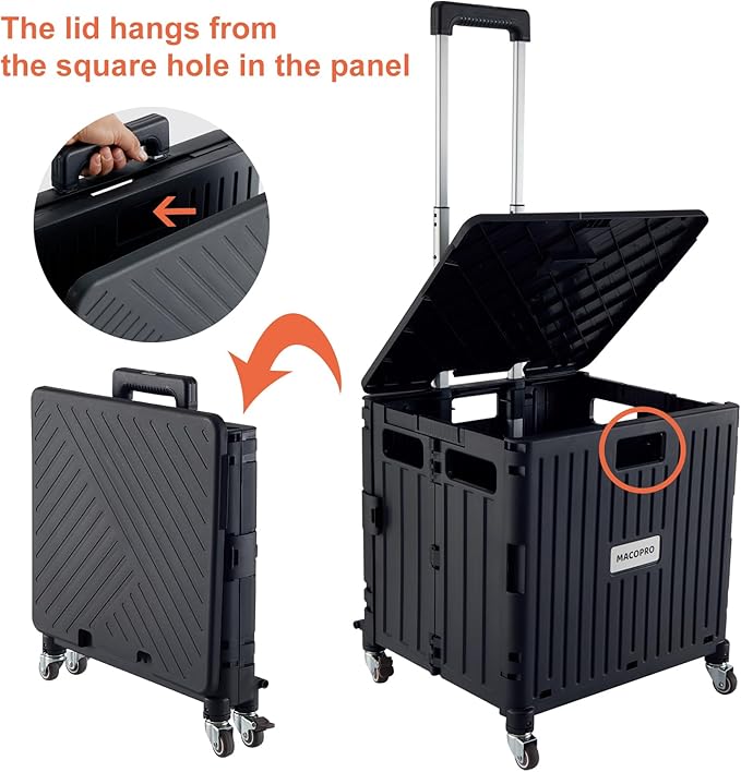 Folding Utility Cart Portable Rolling Crate Handcart Shopping Trolley Collapsible Tool Box, with Lid, Basket on 4 Rotate Wheels, for Grocery, Office, Luggage, Teacher (Black)