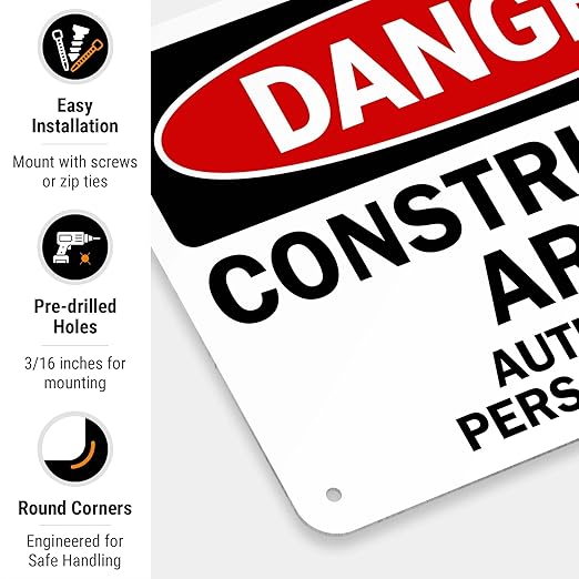 Danger Construction Area Sign, Authorized Personnel Only Sign, 10x7 Inches, Rust Free .040 Aluminum, Fade Resistant, Made in USA