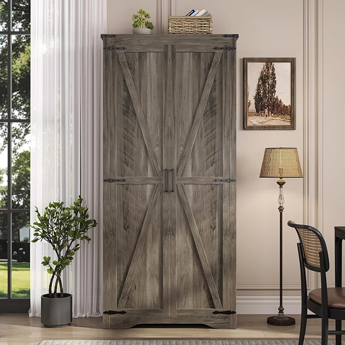 Tall Storage Cabinet with Adjustable Shelves, Farmhouse Pantry Organize with 2 Barn Doors, Large Freestanding Cabinet for Kitchen, Garage, Basement, Living, Utility Room, Grey
