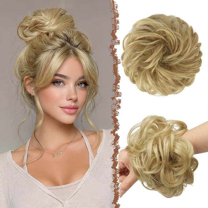 FESHFEN Messy Bun Hair Pieces - Large Wavy Curly Elastic Hair Bun Scrunchies Ponytail Extensions Synthetic Chignon Hairpieces for Women, Golden Blonde 1.94oz
