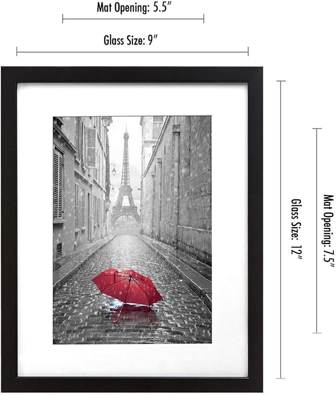 Americanflat 9x12 Picture Frame with Shatter-Resistant Glass - Use as 6x8 Frame with Mat or Display 9x12 Photo Without Mat - Signature Collection - Picture Frames for Tabletop and Wall Display - Black