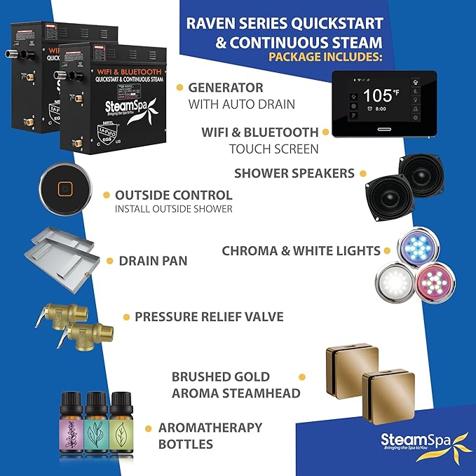 SteamSpa Steam System 18kW Steam Shower Generator with Bluetooth Wifi, Quickstart Continous Steam, Advanced Touch Pad Screen, Chroma Lights, Drain Pan and Auto Drain Gold RVBS1800GD-A