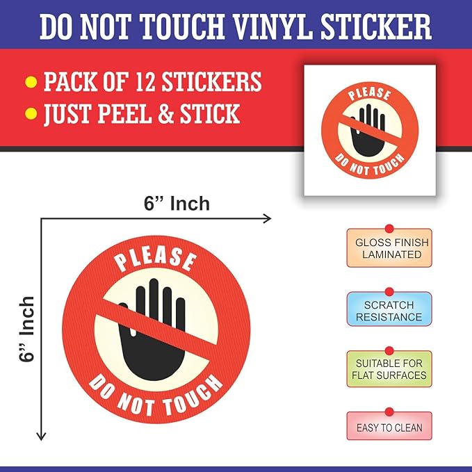 Do Not Touch Sticker – Pack of 12 Large 6" Round Warning Signs – Durable Laminated Vinyl Decals Safety Labels for Office Shop Equipment Machinery Warehouse Business Premises