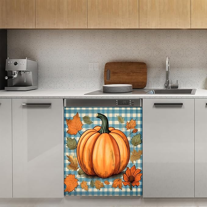 Dishwasher Magnet Cover Fall Pumpkin Vintage Plaid Front Dishwasher Cover Decoration Reusable Magnetic Door Cover Panel Decal Home Appliances Stickers Kitchen Refrigerator Fridge 23"x26"