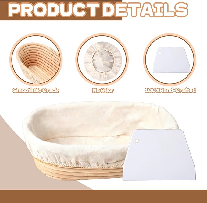 8 Sets Bread Proofing Baskets Bulk Banneton Bread Proofing Basket with Cloth Liners and Dough Scrapers Natural Rattan Banneton Sourdough Bowl Basket for Bakers(10 Inch)