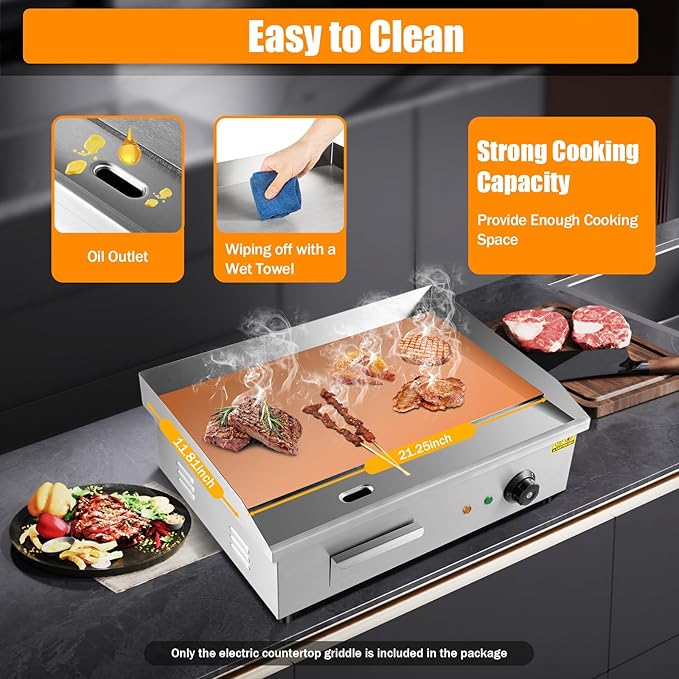 Electric Countertop Griddle, 21x12 Inch Commercial Flat Top Grill with 0.31 Inch Cast Iron Plate, 3000W 110V, Temperature Control for Restaurant, Food Truck, Snack Bar and Home Kitchen