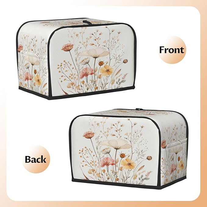 2 Slice Toaster Cover for Kitchen Watercolor Flower Botanical Waterproof and Dustproof Toaster Dust Cover with Side Pockets Decorative Universal Cover for Wide Slot Toasters and Small Appliances