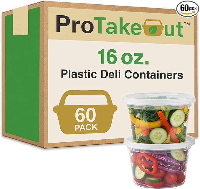16oz [60 set] Heavy Duty Plastic Deli Container | BPA-Free Food Storage with Airtight Leak‑Proof Lids | Microwave, Freezer & Dishwasher Safe – Stackable, Bulk Reusable Soup & Meal Prep Tub