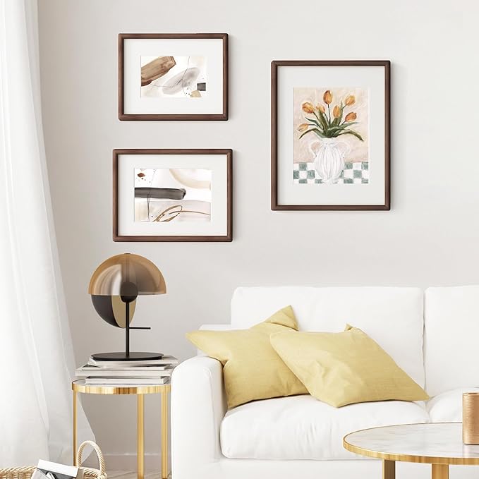 Axeman 8 x 10 Walnut Frame Set of 3 - Rounded Corner 8x10 Picture Frame Matted to 5x7 - Walnut Wood 8 x 10 Photo Frame with Tempered Glass for Wall Mount or Tabletop Display