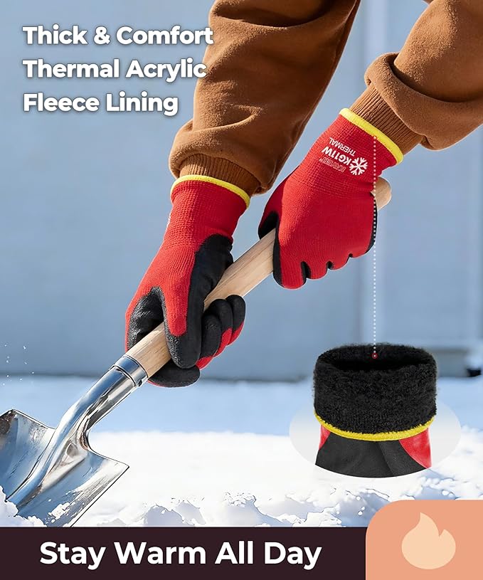 KAYGO Winter Work Gloves for Men and Women, 12 Pairs Thermal Insulated Safety Work Gloves PU Coated, Smooth Grip on Palm & Fingers,Ideal for Freezer Work,Red,M