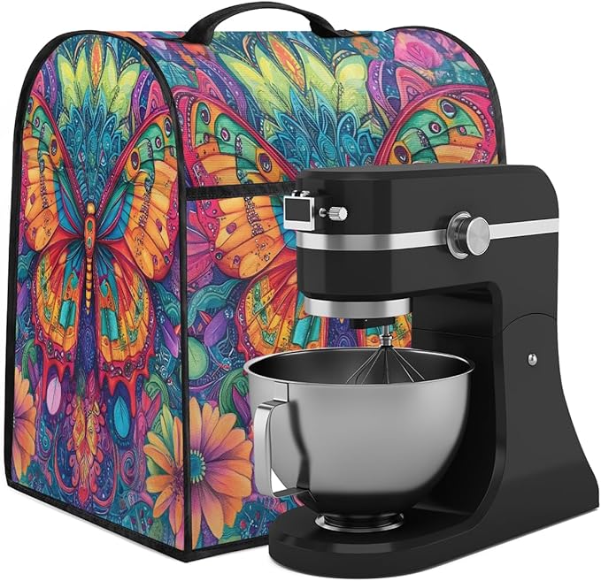 Kitchen Aid Mixer Cover Animal Butterfly Color Flowers Stand Mixer Cover Compatible with 6-8 Quarts Stand Mixers, Dust Covers with Zipper Pocket Foldable Washable Kitchen Aid Organizer Bag