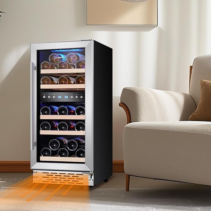 Phiestina 29 Bottles Wine Fridge, 15 Inch Dual Zone Wine Cooler Refrigerator Under Counter Cooling with Digital Memory, Auto Defrost Built-in/Freestanding