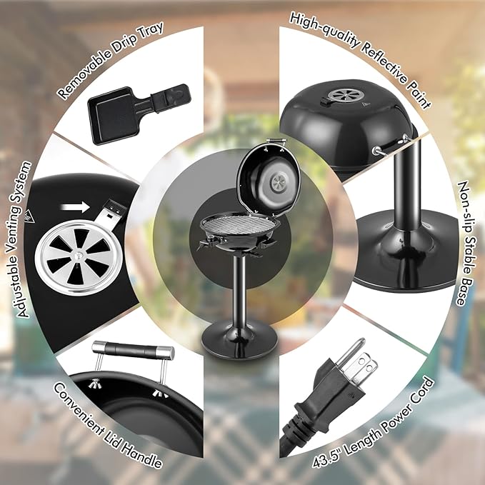 HAPPYGRILL 1600W Portable Electric Grill Outdoor BBQ Grill for 15-Serving, Electric Barbecue Grill for Indoor & Outdoor Use, Portable Stand BBQ Grill for Patio Balcony Kitchen Garden (Black)