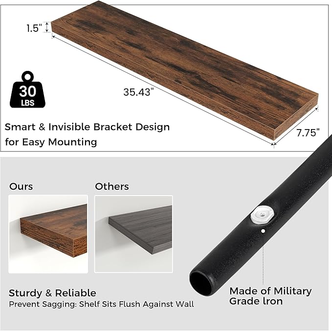 Floating Shelves for Wall 36"W x 7.8"D x 1.5"H, Engineered Wood Wall Shelves with Invisible Brackets for Living Room Bedroom Bathroom Office Kitchen Decor and Storage, Rustic Brown Finish, Set of 2