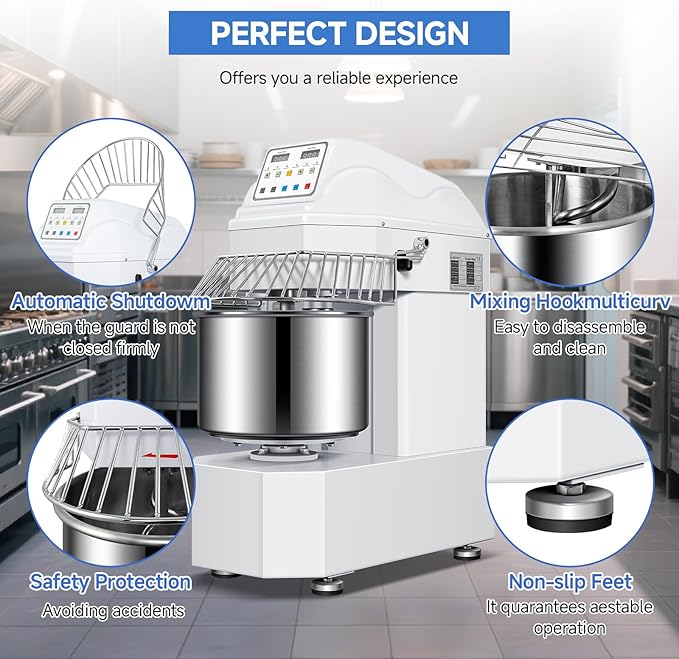 27lbs/20Qt Commercial Spiral Dough Mixer with Timer, 1100W Electric Dough Kneading Machine with 304 Stainless Steel Bowl, Touch Screen,2 Speeds Dual Rotation for Restaurant, Bakery, Pizzeria