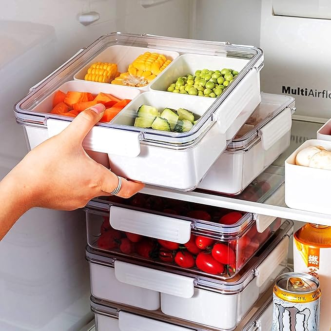 MineSign 2Pack Divided Veggie Tray with Lid Snackle Box Serving Container Salad Keeper with 4 Removable Boxes Stackable Refrigerator Organizer Bins Produce Saver for Meal Prep Fruit