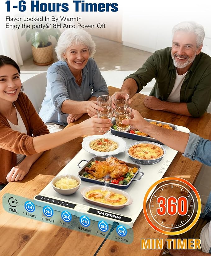 Food Warming Mat Extra Large, Rapid Heating Electric Warming Tray with 9 Temp Setting and 6 Hours Timer,Foldable Warming Trays for Food, Portable Food Warmers for Parties Buffet, Beige