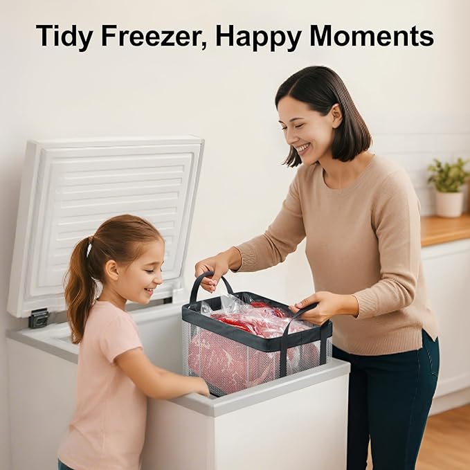iSPECLE Freezer Organizer Bins - 3 Pack Large Stackable Deep Freezer Organizer Bins for 5 to 7 Cu.Ft Chest Freezers Easy Get Foods without Digging, Faster Freezing Better Freshness, White