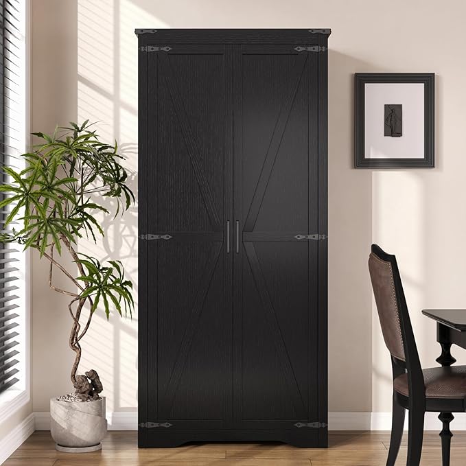 Tall Storage Cabinet with Adjustable Shelves, Farmhouse Pantry Organize with 2 Barn Doors, Large Freestanding Cabinet for Kitchen, Garage, Basement, Living, Utility Room, Black