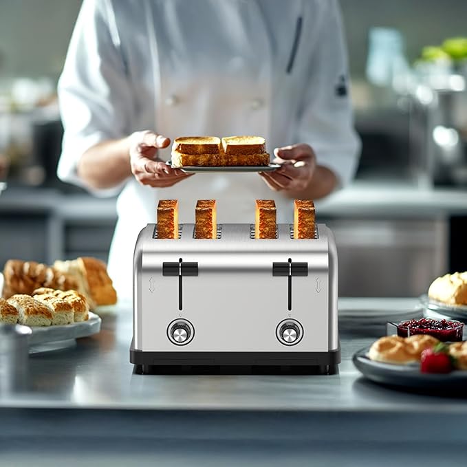 1800W Commercial Grade 4-Slice Pop Up Toaster -Stainless Steel 6-Browning Settings for Bread with Removable Crumb Tray for Bagel Bread English Muffins, Waffles (Commercial & Home Use)